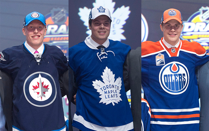 Patrik Laine (L), Auston Matthews (C), Jesse Puljujarvi (R) at the 2016 NHL Draft on June 24, 2016.