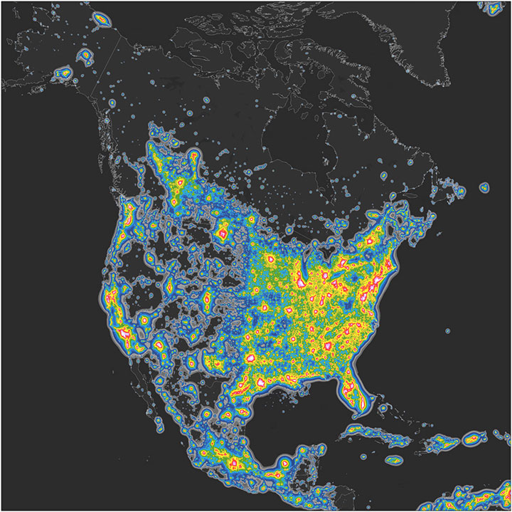 This new map produced in June illustrates the levels of light pollution across North America. Areas in white and red are highly polluted areas, while black is darkest.