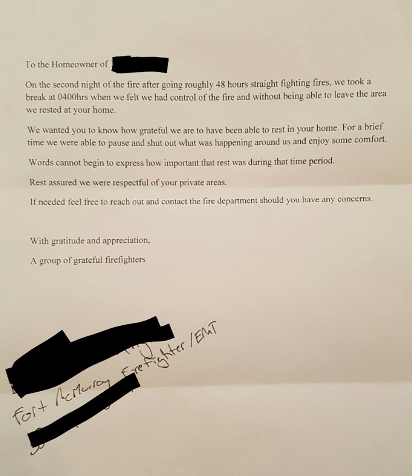 The note is signed “a group of grateful firefighters” and included a signature of a member of the Fort McMurray fire department who is also an EMT.