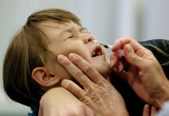 File photo:  In this Oct. 4, 2005 file photo, a Danielle Holland reacts as she is given a FluMist influenza vaccination in St. Leonard, Md.