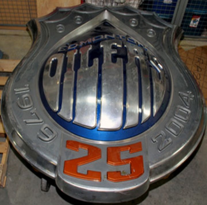 Weighing in at more than 600 pounds, the Edmonton Oilers commissioned this sign to commemorate their 25th anniversary in 2004.