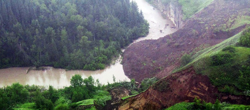 An aerial shot after part of the Heart River bank collapsed into the river.