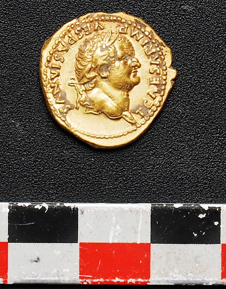 A gold coin recently discovered in Pompeii, near Naples, Italy.