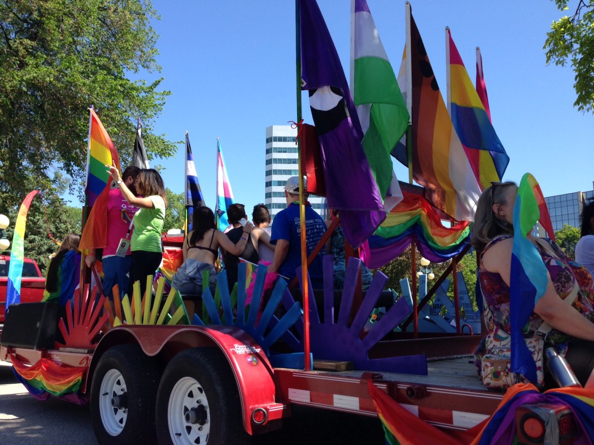 Floats taking part in the Winnipeg Pride Parade in June 2016.