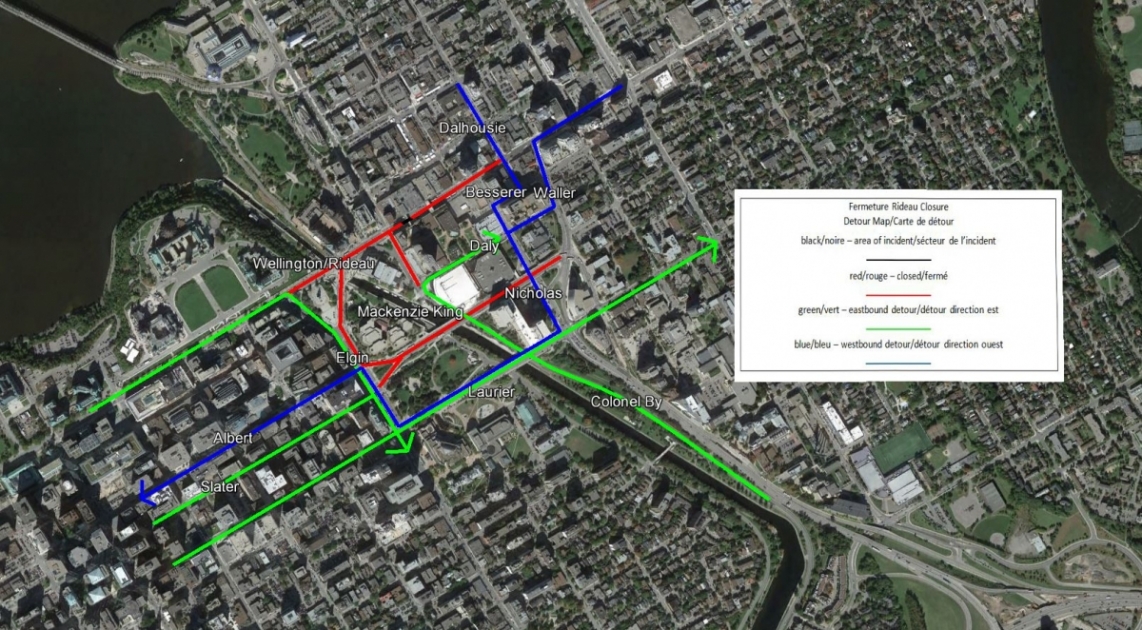 A map provided by the City of Ottawa shows how traffic is being diverted around the site of a massive sinkhole. Open streets are in green and blue, closed ones in red.