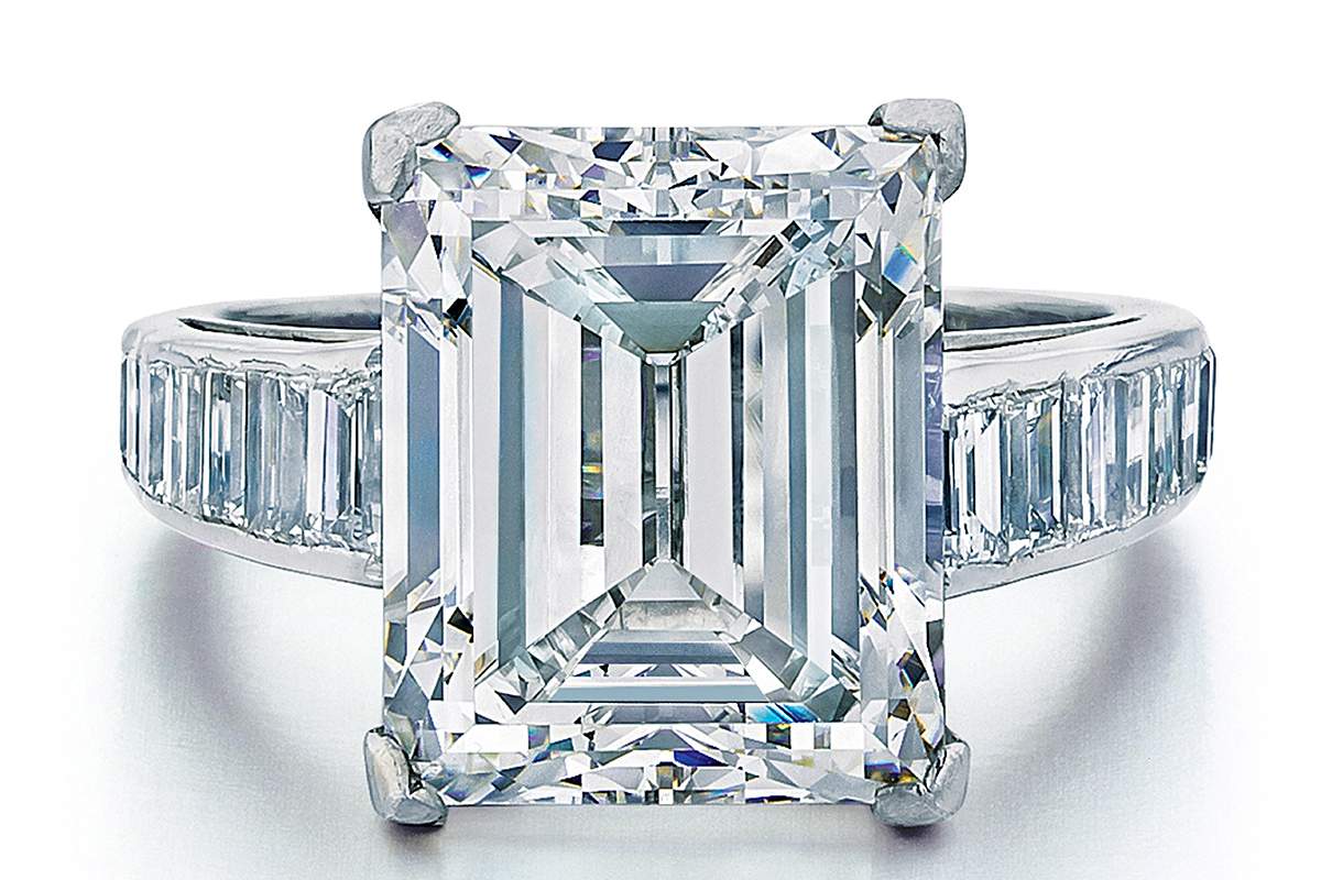 In this image provided by auctioneer Joseph DuMouchelle on June 24, 2016, shows the Harry Winston-designed engagement ring which Donald Trump gave to Marla Maples in 1993.