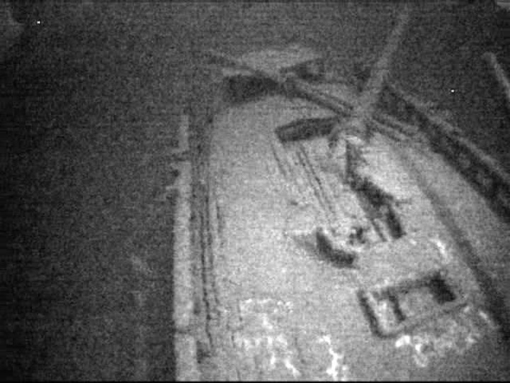 This photo from video provided by Jim Kennard shows the stern of the shipwrecked Canadian schooner Royal Albert that sank off Lake Ontario's central New York shore nearly 150 years ago. 