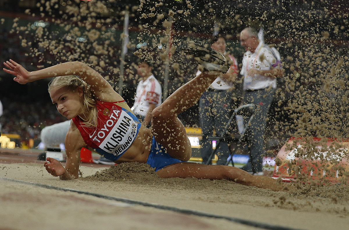 Russia's Darya Klishina in the final of the women's long jump athletics event at the 2015 IAAF World Championships at the "Bird's Nest" National Stadium in Beijing on August 28, 2015.