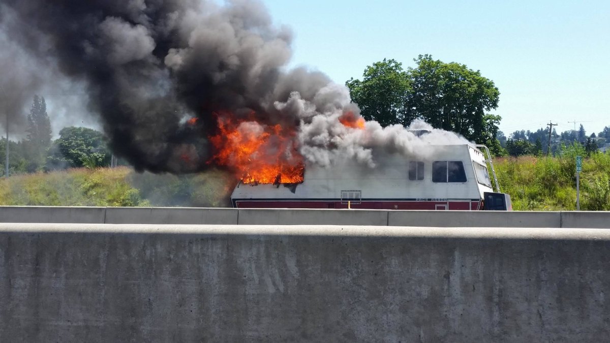 A RV caught fire on Highway 17 in Surrey on Sunday.
