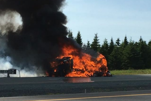 The Piegans RV ablaze near the Cobequid Pass in Nova Scotia on Sunday, June 26. 