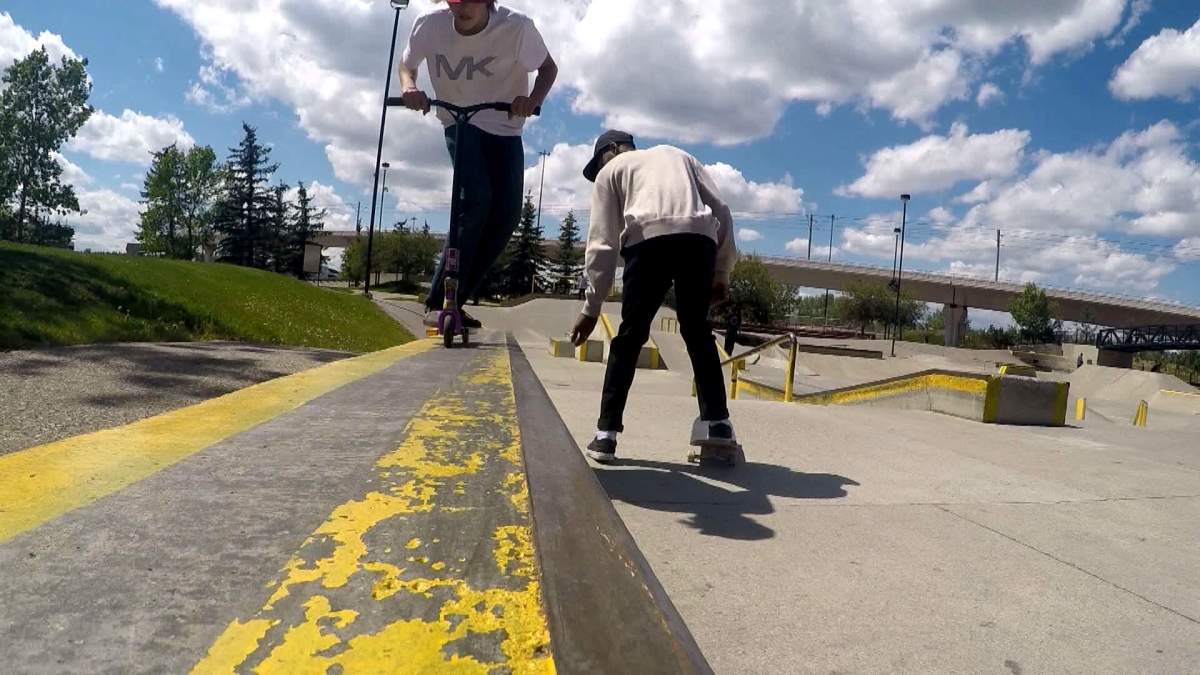 Skateboarders test out their skills at a Calgary Skate park.