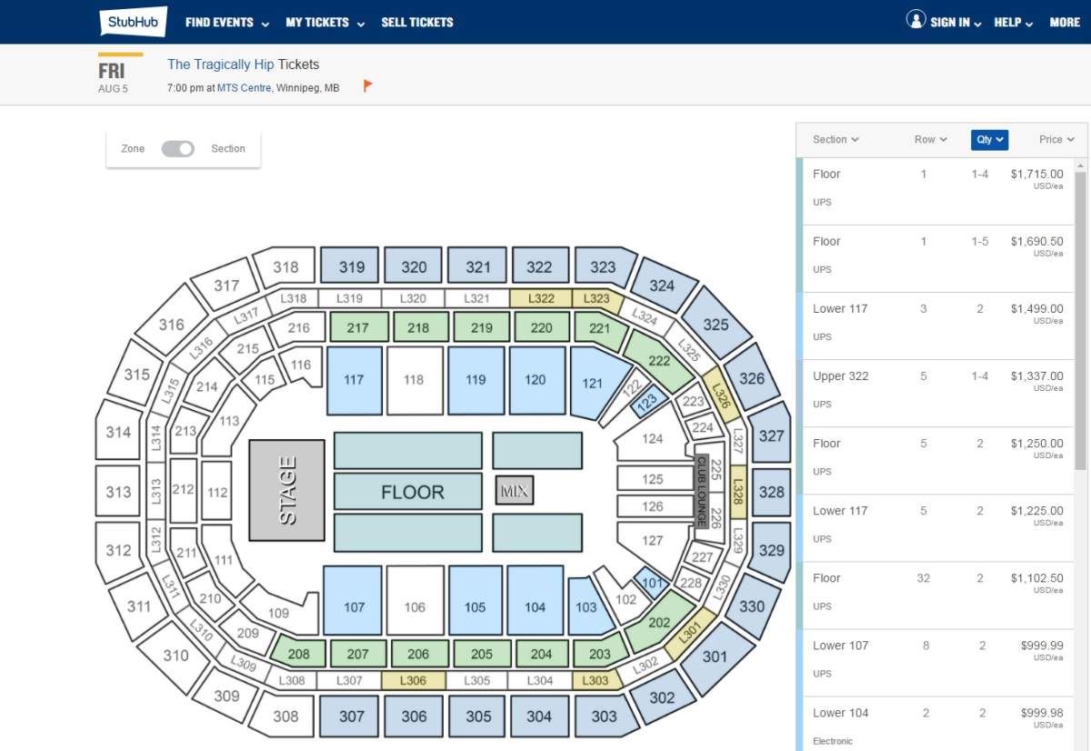 Tickets for The Tragically Hip concert in Winnipeg popped up on StubHub right after they sold out on Ticketmaster.