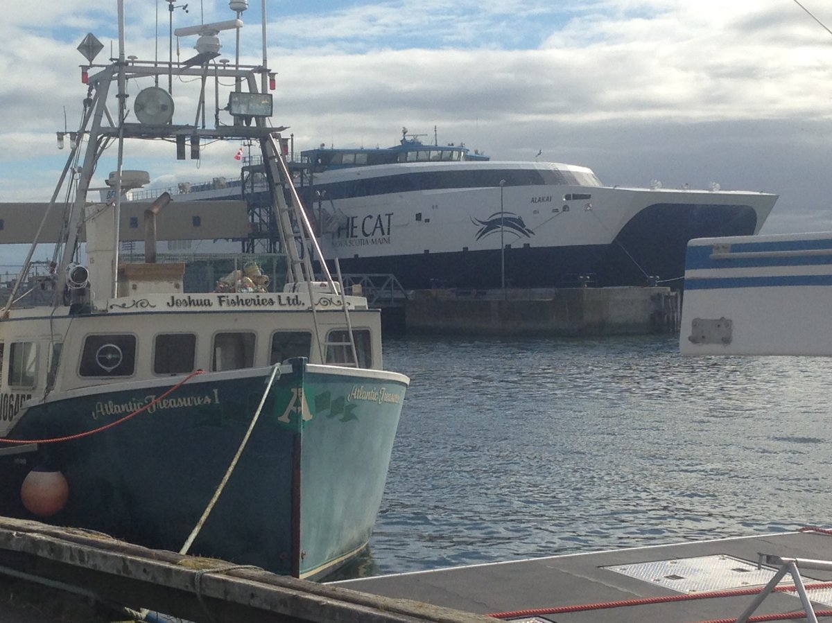 The Yarmouth ferry, dubbed the CAT, is pictured at its berthing in Yarmouth on Wednesday, June 14. The ferry sets sail on its inaugural trip to Portland, Maine on June 15.
