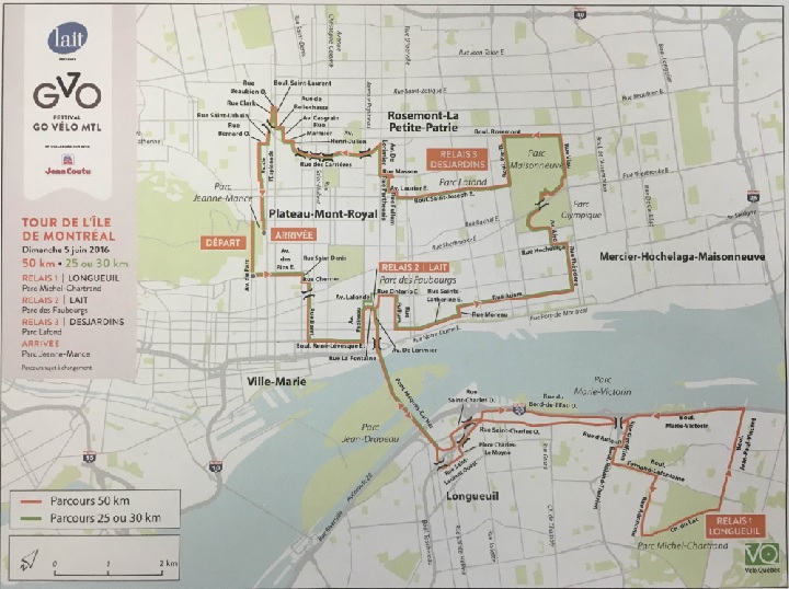 Map shows the route cyclists will follow for Sunday's Tour de L'Île on June 5, 2016.