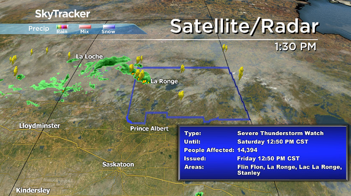 Severe thunderstorm watch issued for the La Ronge, Prince Albert National Park and Pelican Narrows areas.