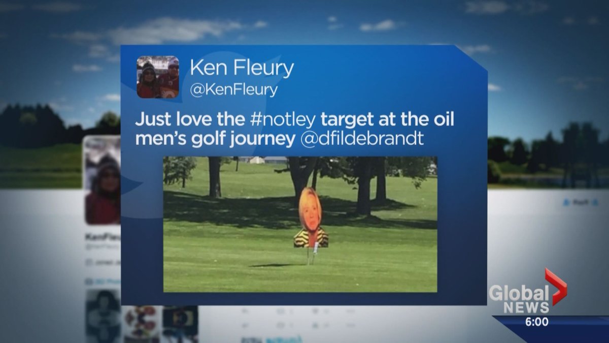 A photo showing a cutout of Rachel Notley's head being used as a golf target is making the rounds on Twitter. 