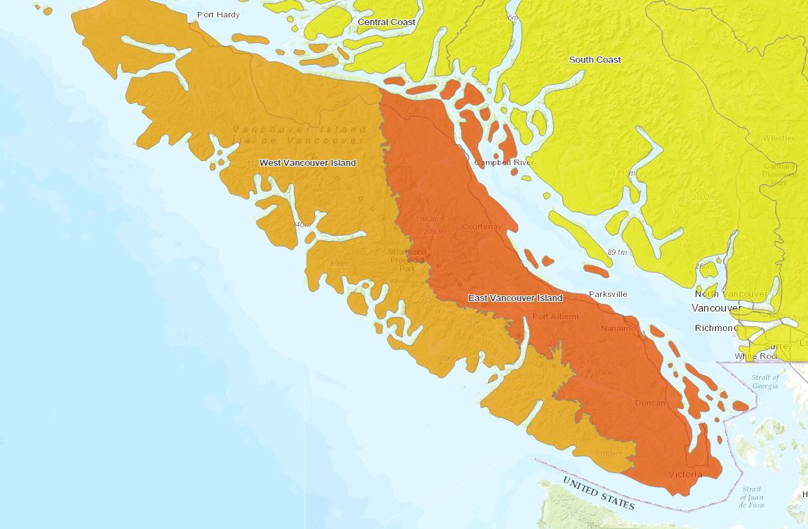 Map of the drought levels on Vancouver Island. Red is Level 4, orange is Level 3.