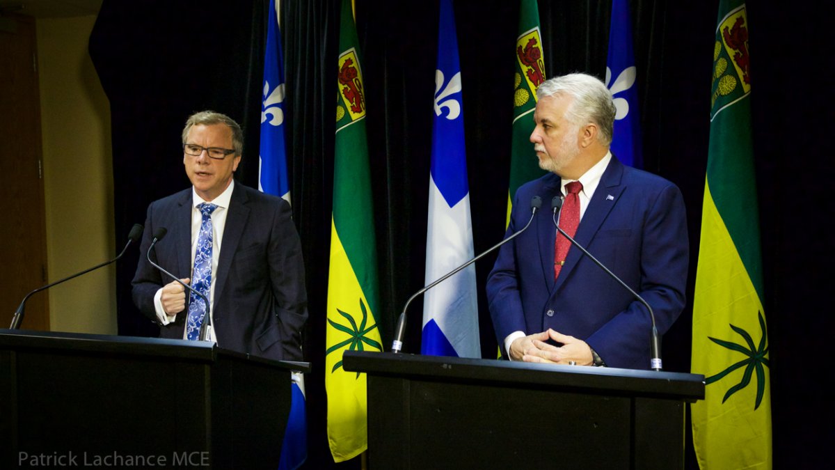 Saskatchewan Premier Brad Wall took his pro-Energy East road show into relatively hostile territory on Thursday as he met with Quebec counterpart Philippe Couillard.