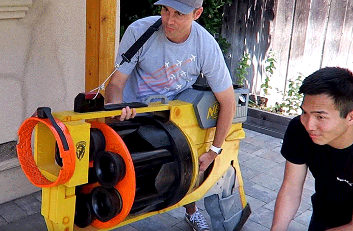 You call that a NERF gun? THIS is a NERF gun. Mark Rober shows off his souped-up contraption.