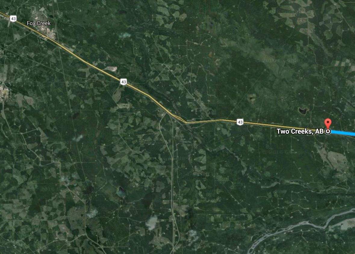Two Creeks, Alta., is located about 230 kms west of Edmonton on Highway 43. 