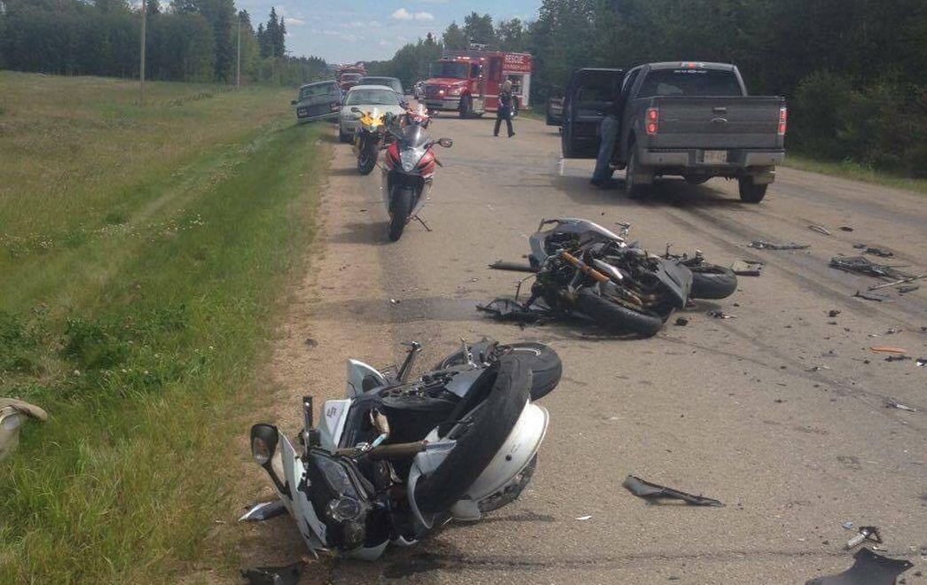 A crash south of Pigeon Lake Saturday left one man dead and five other riders injured.