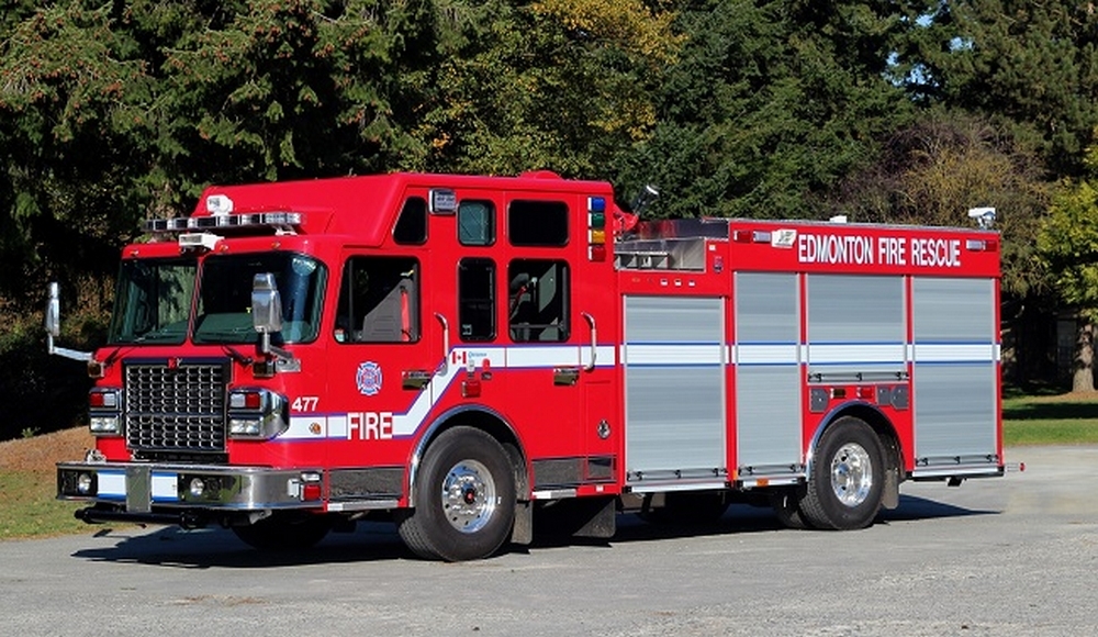 A stock photo of a fire truck with Edmonton Fire Rescue Services.