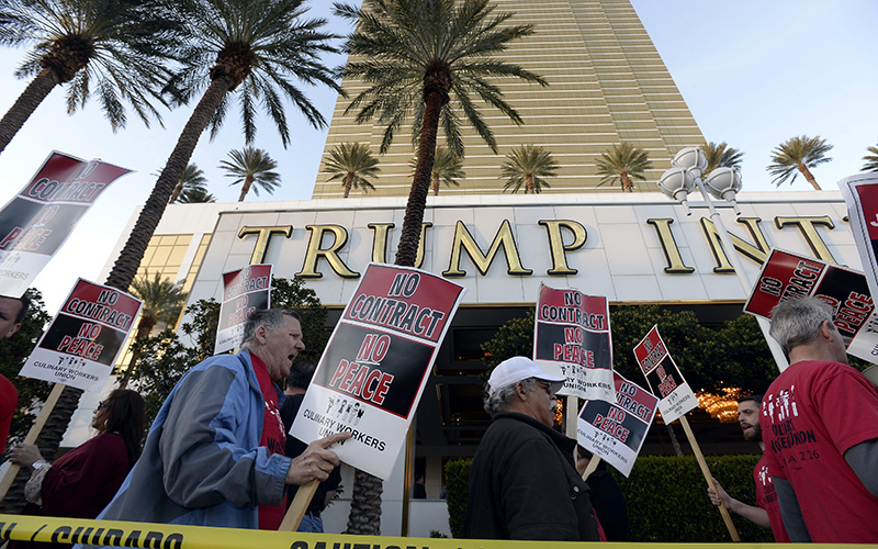 Hundreds of workers for the Culinary Workers Union protest outside the Trump Hotel Las Vegas, owned by US Republican Presidential candidate businessman Donald Trump, in Las Vegas, Nevada, USA, 23 February 2016. The union protested for better wages and conditions.  