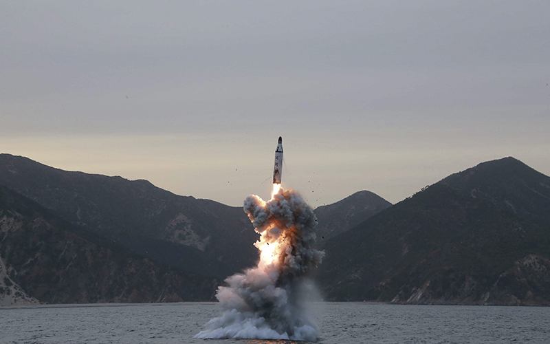 An undated photo released on 24 April 2016 by North Korean Central News Agency (KCNA) shows an 'underwater test-fire of strategic submarine ballistic missile' conducted at an undisclosed location in North Korea. 