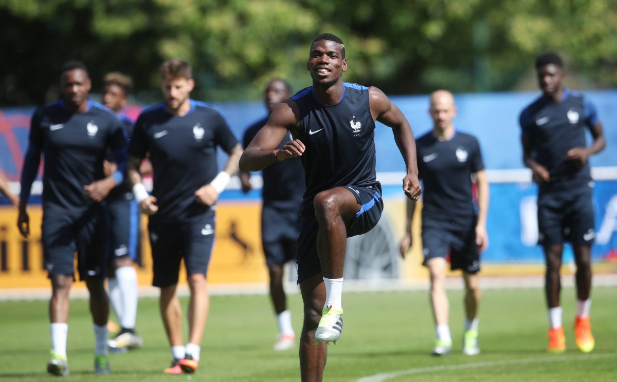 France's Paul Pogba warms up during a training session at the stadium in Clairefontaine, France, Saturday, July 9, 2016. France faces Portugal in a Euro 2016 Soccer Championship final soccer match on Sunday, July 10, 2016 in Paris. ().