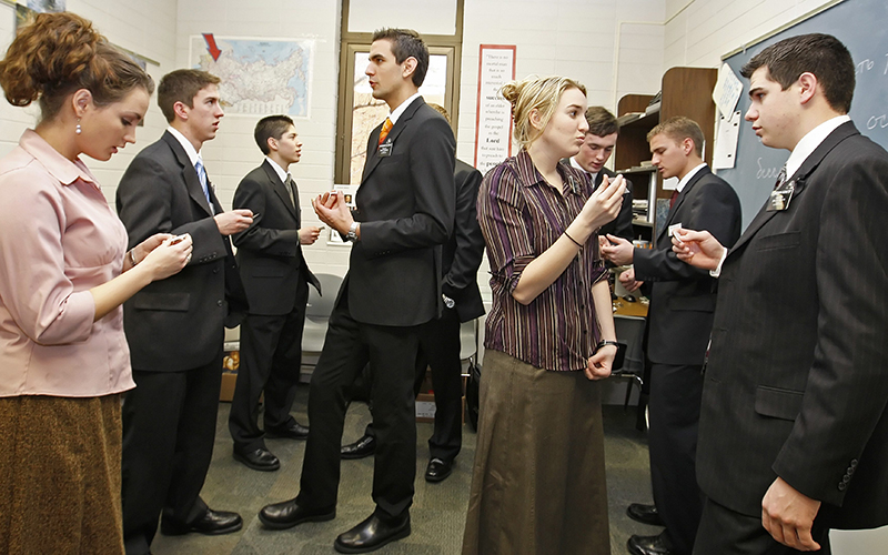 A class of Mormon missionaries practice the Russian language with each other at the Mormon Missionary Training Center in Provo, Utah. 