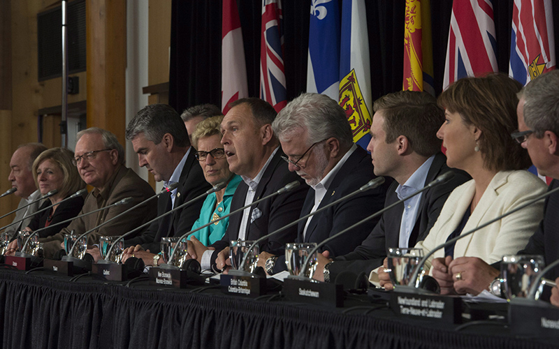 Canada's Premiers are seen during the closing news conference following a meeting of Premiers in Whitehorse, Yukon, Friday, July, 22, 2016. 