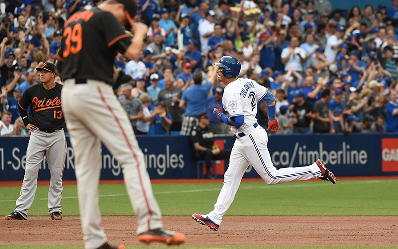 Toronto Blue Jays' Troy Tulowitzki runs the bases after hitting a solo home run against the Baltimore Orioles' Kevin Gausman during the first inning of their MLB baseball game on Friday, July 29 in Toronto. 