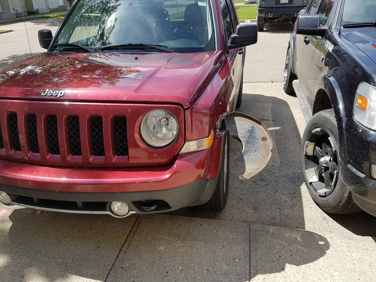 An Edmonton man was driving on the QEII when a large flying hunk of metal embedded itself into his vehicle frame. July 12, 2016.