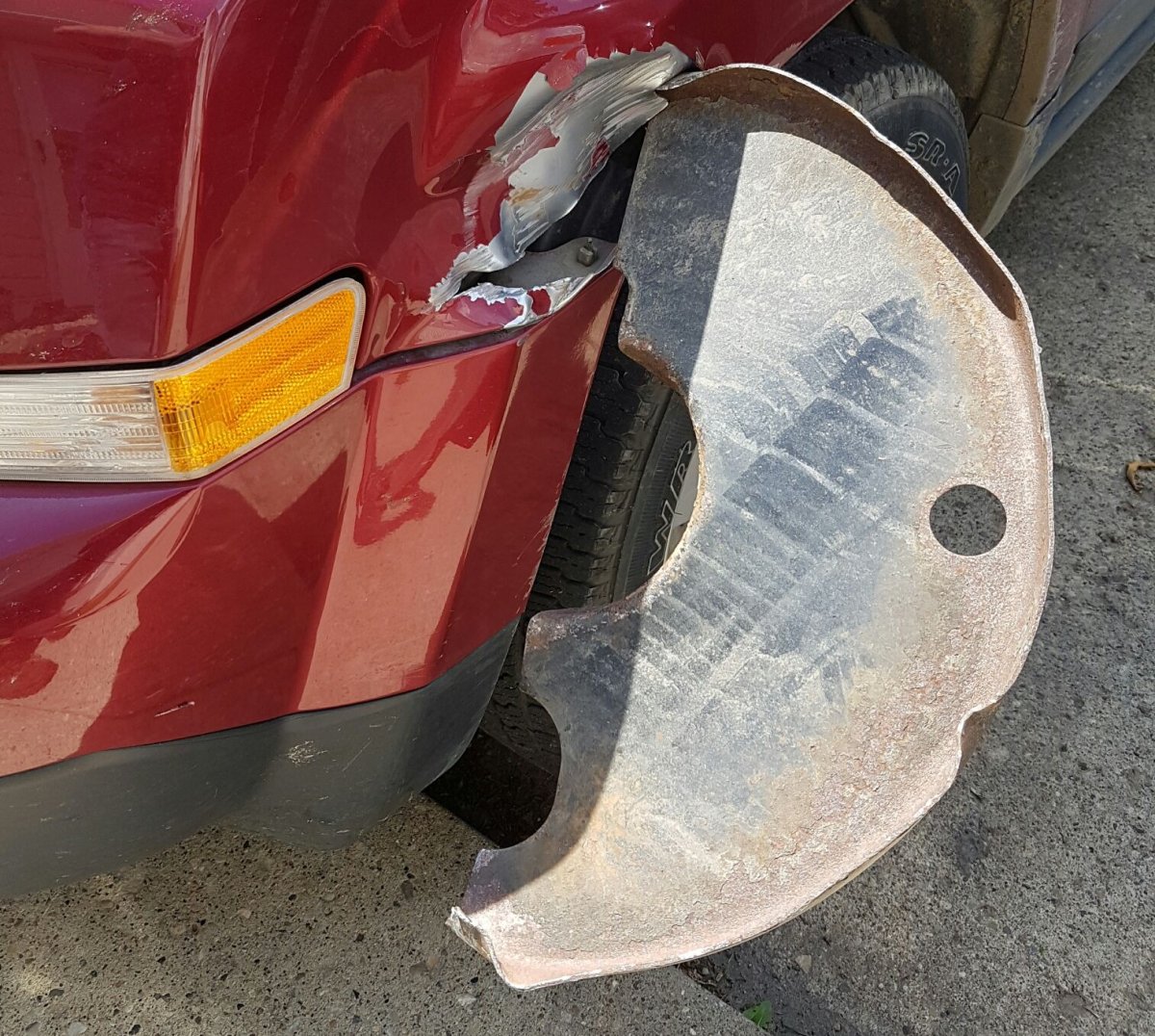 An Edmonton man was driving on the QEII when a large flying hunk of metal embedded itself into his vehicle frame. July 12, 2016.