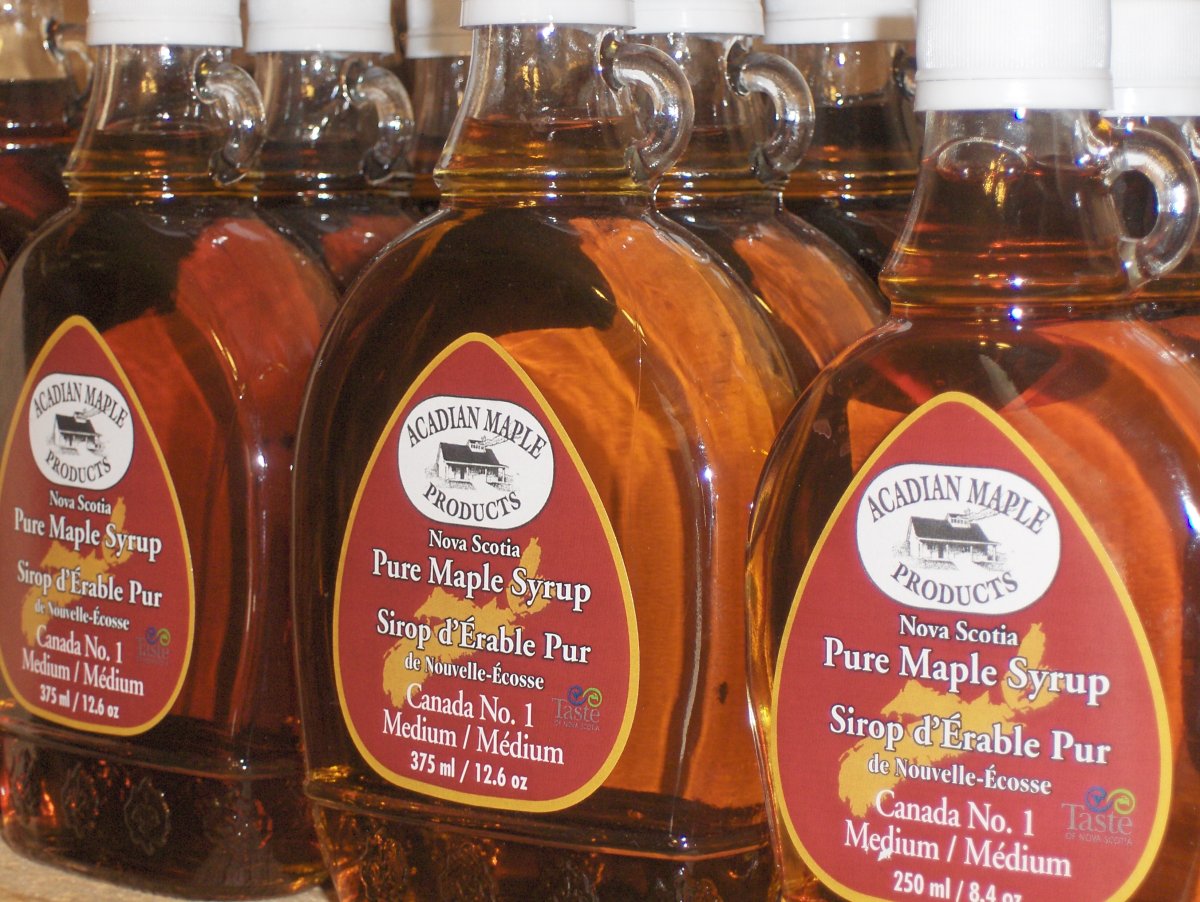 Acadian Maple, produces in Halifax, Nova Scotia syrup is seen on a shelf. 