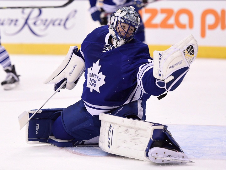 Toronto Maple Leafs goalie Jonathan Bernier makes a glove save against the Boston Bruins during third period NHL action in Toronto on Saturday, March 26, 2016. The Toronto Maple Leafs traded Bernier to the Anaheim Ducks on Friday for a conditional pick in the 2017 NHL draft. 