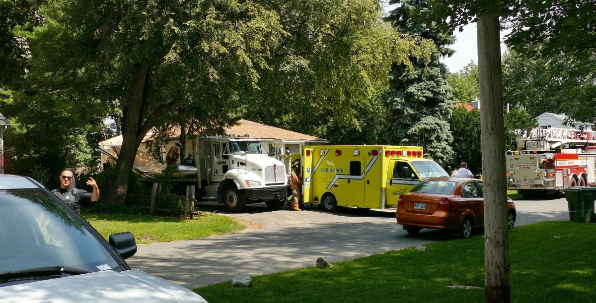 A man in his 50's was seriously injured in a work accident delivering construction materials in Boucherville, Thursday, July, 21, 2016.