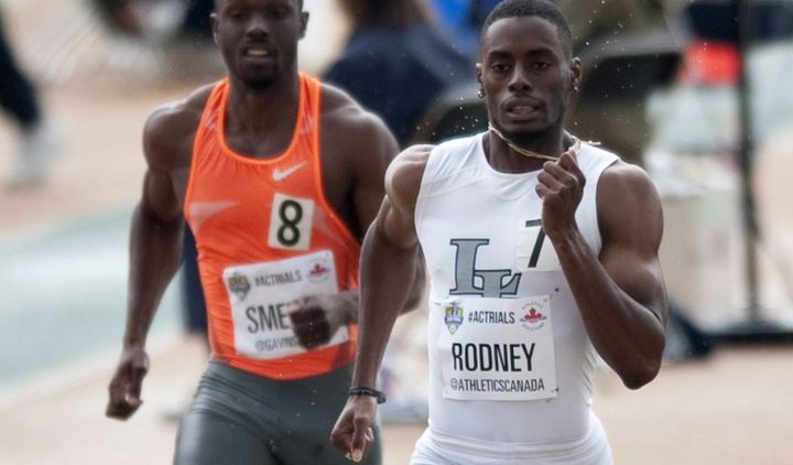 Brendon Rodney leads Gavin Smellie of their heat in the senior men 200m semifinal during the Canadian Track and Field Championships and Selection Trials for the 2016 Summer Olympic and Paralympic Games, in Edmonton, Alta., on Sunday July 10, 2016.