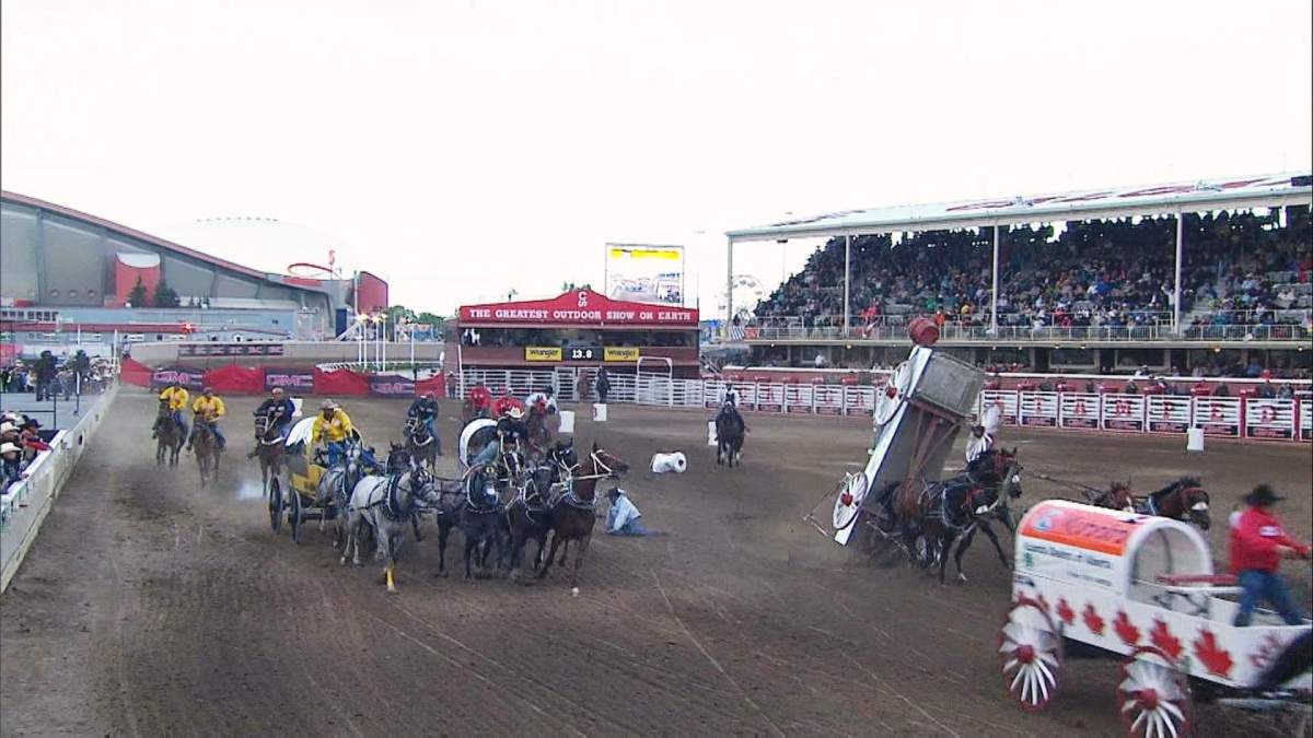 Rick Fraser’s wagon flips during the 2016 GMC Rangeland Derby. 