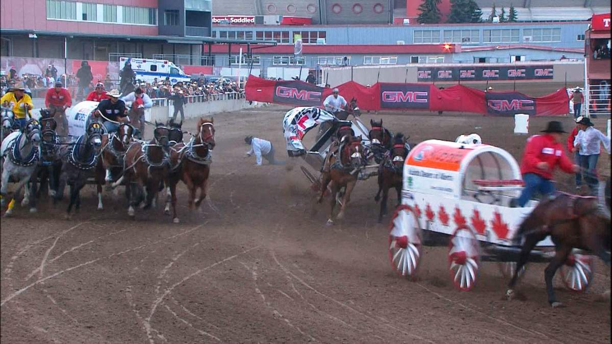 Rick Fraser’s wagon flips during the 2016 GMC Rangeland Derby.