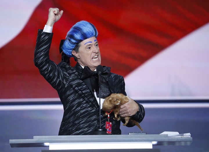 Stephen Colbert takes the stage at the Republican National Convention in Cleveland, Sunday, July 17, 2016. 