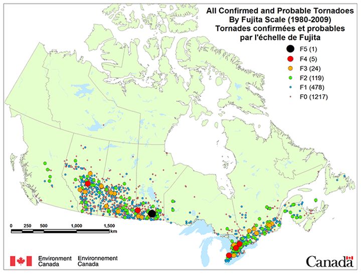 Confirmed Canadian tornadoes and their severity from 1980 – 2009. (Note: F-Scale upgraded to EF-Scale by Environment Canada in 2013.)