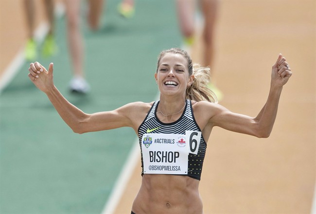 Melissa Bishop crosses the finish line in the senior women 800m run during the Canadian Track and Field Championships and Selection Trials for the 2016 Summer Olympic and Paralympic Games in Edmonton, Alta., on Sunday July 10, 2016. Doug Bishop and his wife Alison, Melissa's parents, wouldn't be anywhere else but in Joao Havelange Olympic Stadium when their daughter races for a medal in the 800 metres. They're cautiously optimistic they'll be safe. 