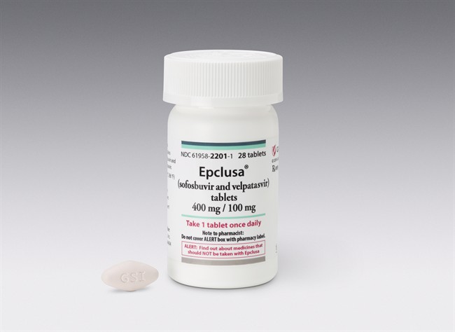 An Epclusa bottle and pill are shown in this undated handout photo. Health Canada has approved a drug being touted as a cure for hepatitis C, a disease believed to have infected hundreds of thousands of Canadians, many of whom are unaware they harbour the virus. 