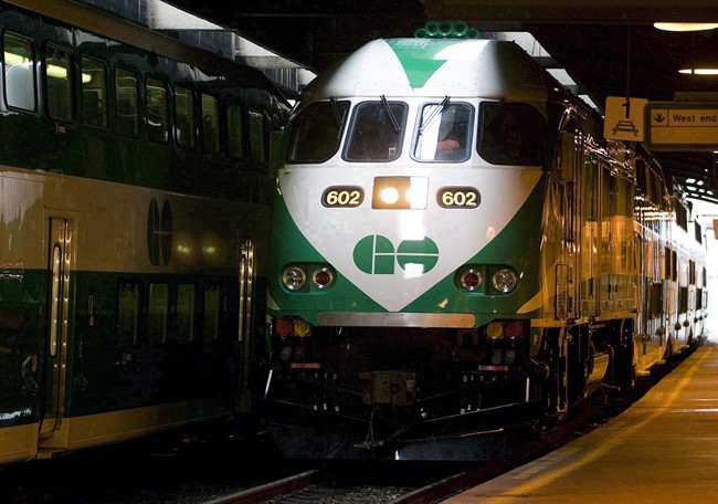 The first GO Transit MP40 locomotive arrives at the platform in Toronto on Jan. 15, 2008.