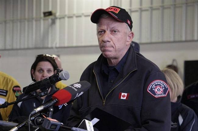 Fort McMurray fire chief Darby Allen speaks to members of the media at a fire station in Fort McMurray, Monday, May 9, 2016. 