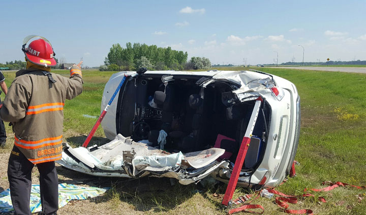 Three people were extricated from a car involved in a crash southwest of Saskatoon on Monday morning.
