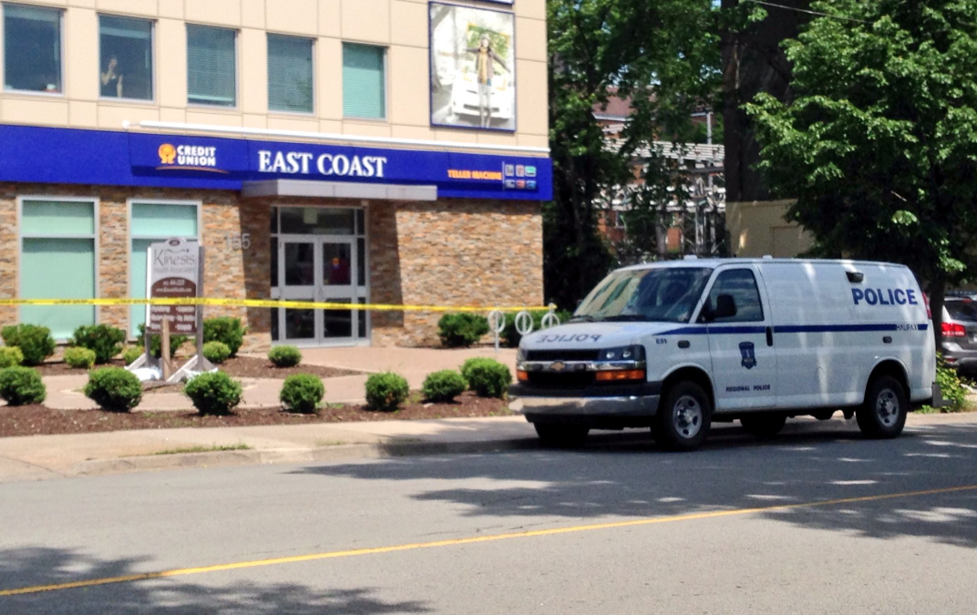 Halifax Regional Police on the scene of an attempted armed robbery at the East Coast Credit Union on Ochterloney Street in Dartmouth. 