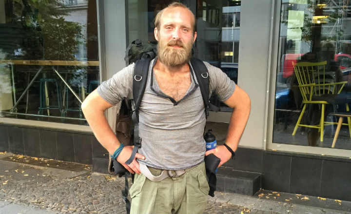 Daniel McKevitt seen on a Berlin street July 27, 2016. He plans to walk from Hamburg to Rome as part of coping with the PTSD he has suffered since serving in Iraq and Afghanistan.

