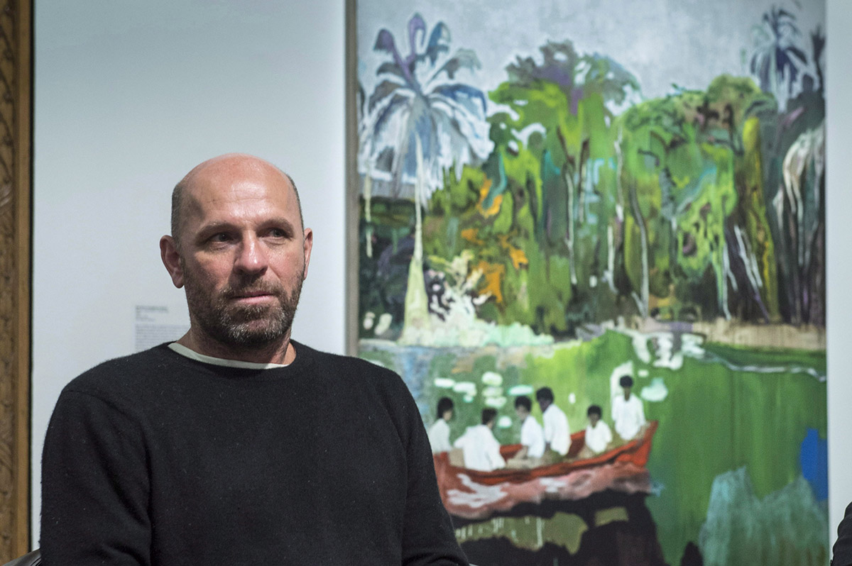 Artist Peter Doig waits to be presented during a preview of an exhibit of his work at the Montreal Museum of Fine Arts, Tuesday, January 21, 2014 in Montreal.